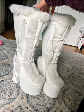 Demonia Camel-311 White Platform Lace-Up Boots
